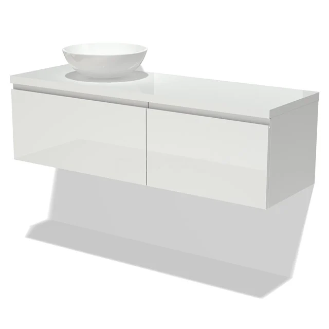 Weißes, hängendes Badezimmermöbel mit zwei Schubladen und einem runden Aufsatzwaschbecken; modernes Design, glänzende Oberfläche.