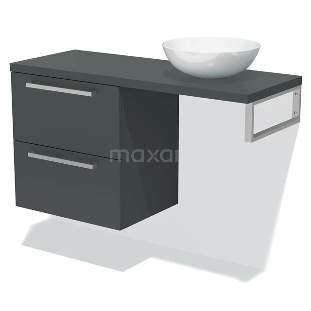 Antrazitgraue Badmöbelset mit zwei Schubladen und keramischem Aufsatzwaschbecken, elegantes Design und moderne Verarbeitung.