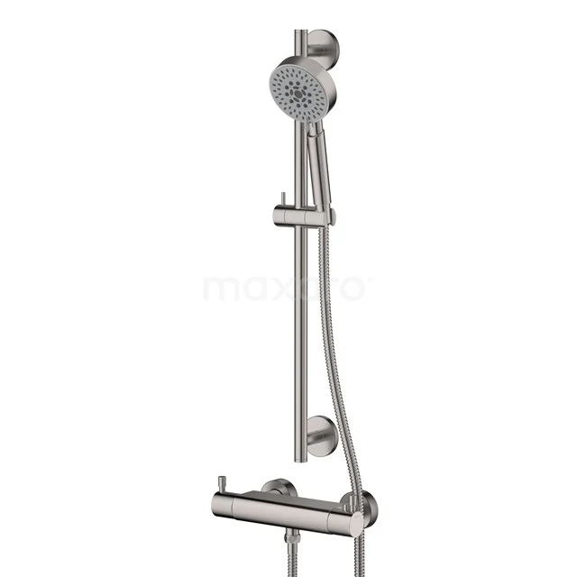 Duschset mit Thermostatarmatur, Radius Steel, Edelstahl AOR55-00002 Edelstahl-Duschset mit Handbrause, verstellbarer Gleitschiene und thermostatischem Wasserhahn, ideal für moderne Bäder.