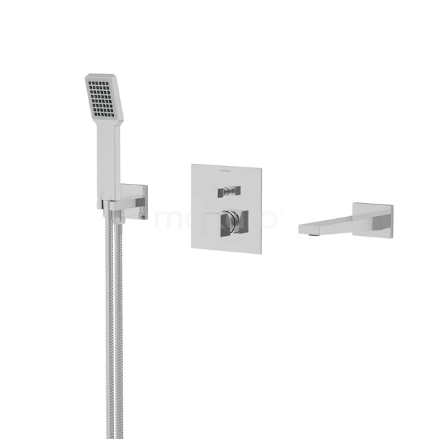 Cubic Unterputz-Wannenbatterie-Set | Chrom Einhebelmischer mit Handbrause 1 Position CIC22-00042 Vierteilige chromatische Einbau-Duschset mit quadratischen Formen, einschließlich Handbrause und Wasserablauf, ideal für moderne Bäder.