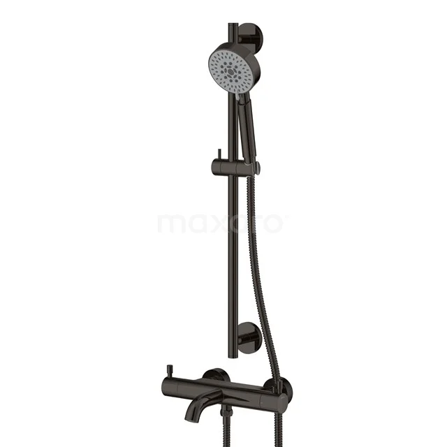 Schwarze Duschset mit Handbrause, verstellbarem Stang und Wasserhahn, ideal für einen modernen Badezimmerstil.