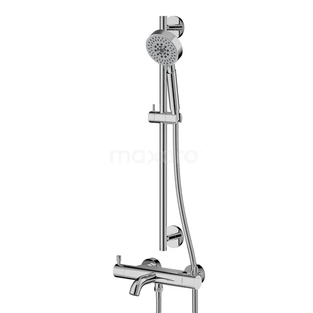 Chroomkleurige Regendouche Set met verstelbare glijstang en handdouche; ideaal voor moderne badkamerstijl.