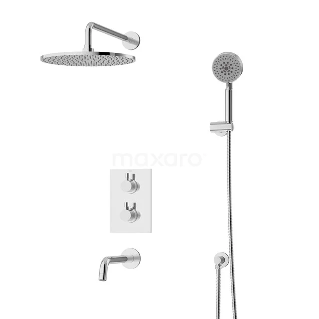 Einbau Badewannenarmatur mit Regendusche Radius Chrom, Thermostatisch, Chrom DIC55-00233 Chrom glänzendes Regendusche-Set mit Handbrause, Wandarmatur und Thermostatknöpfen, ideal für ein modernes Badezimmer.