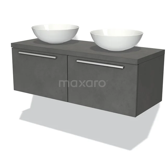 Grauer schwebender Badschrank mit doppeltem Aufsatzwaschbecken, modernem Designstil, mattem Oberfläche und praktischem Stauraum.