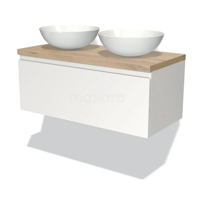 Weißes hängendes Badmöbel mit Holzlook Platte und zwei runden Waschbecken, modernes Design für stilvolle Bäder.