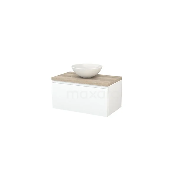 White bathroom cabinet with wooden worktop and round ceramic basin, compact design ideal for modern bathrooms.
