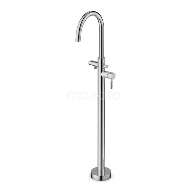 Freistehende Edelstahl-Badewannenarmatur mit runder, gebogener Auslauf, geeignet für moderne Bäder.