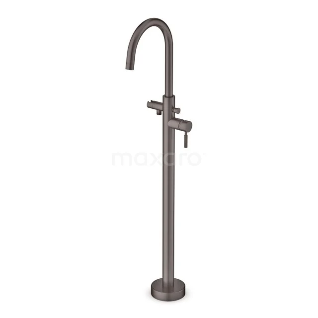 Standing matt black bath tap with curved spout, premium metal design, ideal as a stylish addition to modern bathrooms.