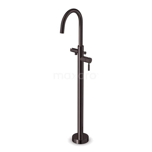 Black freestanding bath tap with curved spout, modern design and metal finish; stylish for any bathroom.