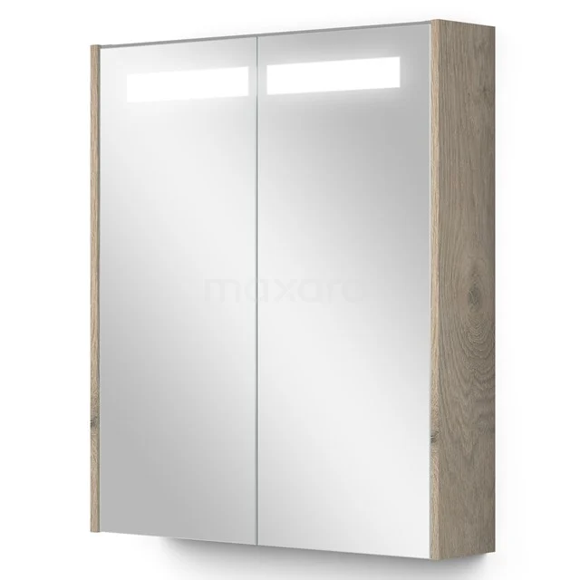 Badschrank mit Spiegeltüren, LED-Beleuchtung und Holzoptik-Finish, ideal für moderne Badezimmerlagerung.