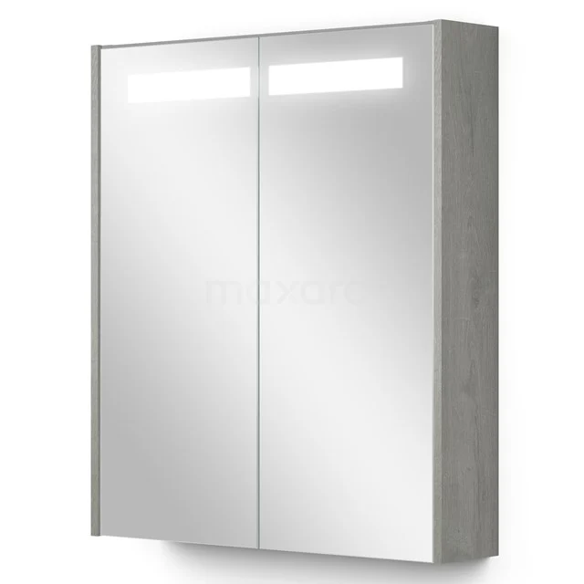 Grijze houten badkamerkast met spiegeldeuren, geïntegreerde LED-verlichting en strakke, moderne afwerking.