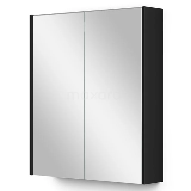 Schwarzer Badschrank mit doppelten Spiegeltüren, schlankem Design und Hochglanzoberfläche, ideal für moderne Bäder.