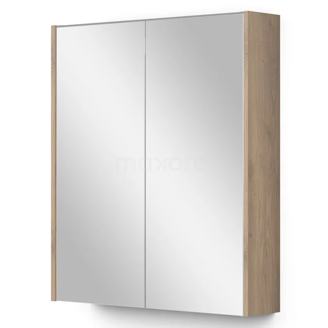 Spiegelschrank mit zwei Türen, Holzoptik-Rahmen, modernes Design für Badezimmer, ausgestattet mit internem Stauraum.