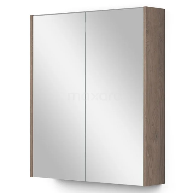 Spiegelschrank mit Beleuchtung Modulo 60x70cm mittelbraune Eiche K99-0600-59009-36 Hölzerner Badschrank mit doppelten Spiegeldecken, schlankem Design und gläserner Reflexion, ideal für Badezimmerlagerung.