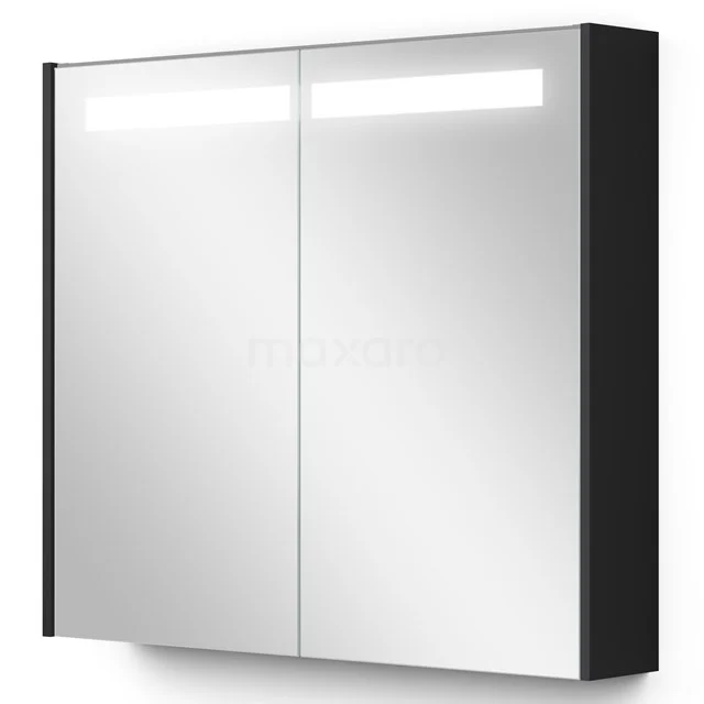 Spiegelschrank mit Beleuchtung Modulo 80x70cm Matt Schwarz K99-0800-59008-01 Schwarzer Spiegelschrank mit zwei Spiegeltüren und integrierter LED-Beleuchtung, ideal für moderne Badezimmerlagerung.