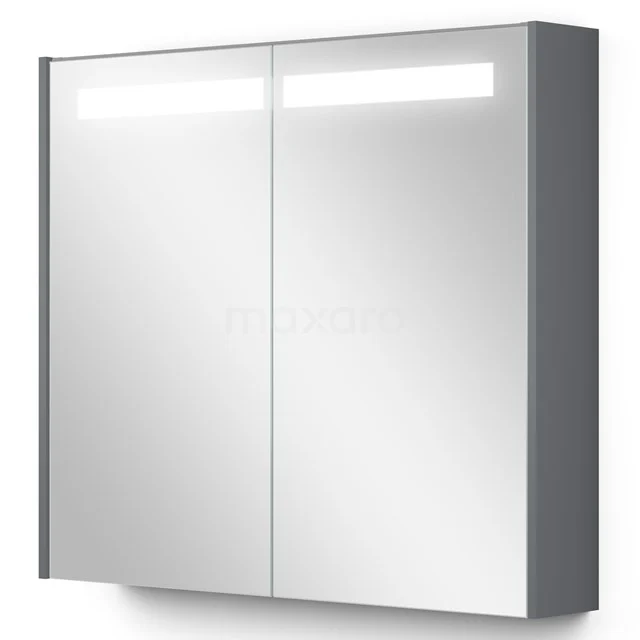 Grauer Badezimmer Spiegelschrank mit LED-Beleuchtung, zwei Türen und modernem Erscheinungsbild; ideal für stilvollen Stauraum.