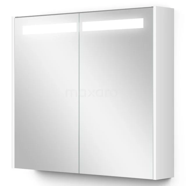 Weißer Badschrank mit Spiegeltüren, integrierter LED-Beleuchtung und modernem Design, ideal für moderne Bäder.