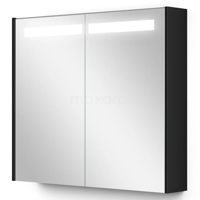 Schwarzer Spiegelschrank mit integrierter LED-Beleuchtung, Doppeltüren und modernem Look, ideal für Badezimmerlagerung.