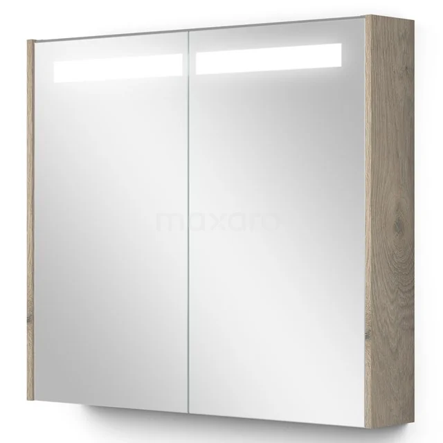 Spiegelschrank mit Beleuchtung Modulo 80x70cm Eiche hellgrau K99-0800-59008-33 Holz-Spiegelschrank mit LED-Beleuchtung, doppelseitigen Spiegeltüren, ideal für moderne Badezimmer und Stauraum.