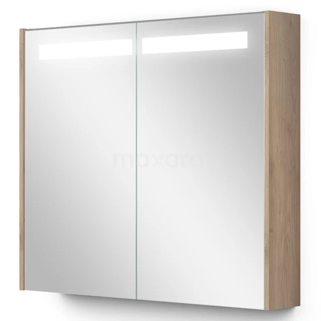 Spiegelschrank mit Beleuchtung Modulo 80x70cm hellbraune Eiche K99-0800-59008-34 Spiegelschrank Holzoptik mit doppelten Spiegeltüren und integrierter LED-Beleuchtung, ideal für stilvolle Badezimmerlagerung.