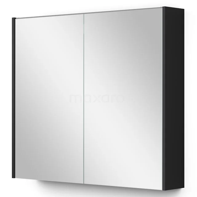 Schwarzer Spiegelschrank mit zwei Türen, minimalistisches Design, ideal für Badezimmerlagerung.