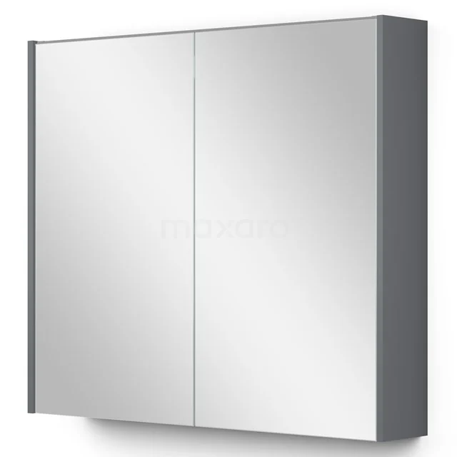 Grauer Spiegelschrank mit Doppeltüren, modernes Design, ideal für Badezimmerlagerung und mit Hochglanz-Finish ausgestattet.