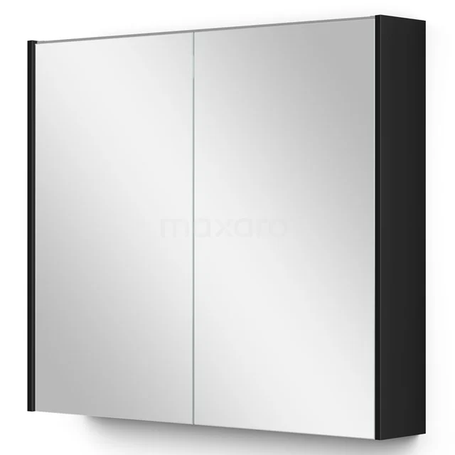 Schwarz-weißer Badschrank mit doppelten Spiegeltüren, modernes Design, ideal für die Aufbewahrung in einem stilvollen Badezimmer.