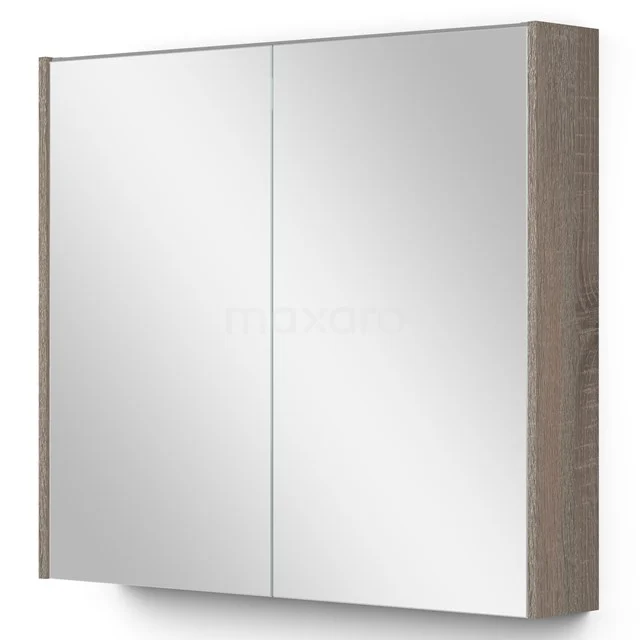 Spiegelkast houtlook met dubbele deuren, modern design, ideaal voor extra opbergruimte in de badkamer.
