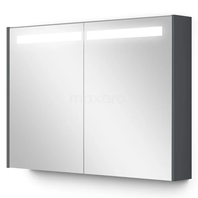 Spiegelschrank mit Beleuchtung Modulo 100x70cm Dunkelgrau K99-1000-59008-06 Grauer Spiegelschrank mit zwei Spiegeltüren, integrierter LED-Beleuchtung und Stauraum für ein modernes Badezimmer.