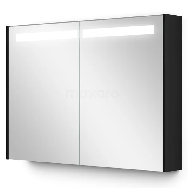 Moderne schwarze Badschrank mit Spiegeltüren, integrierter LED-Beleuchtung und schlankem Design, ideal für zusätzlichen Stauraum.