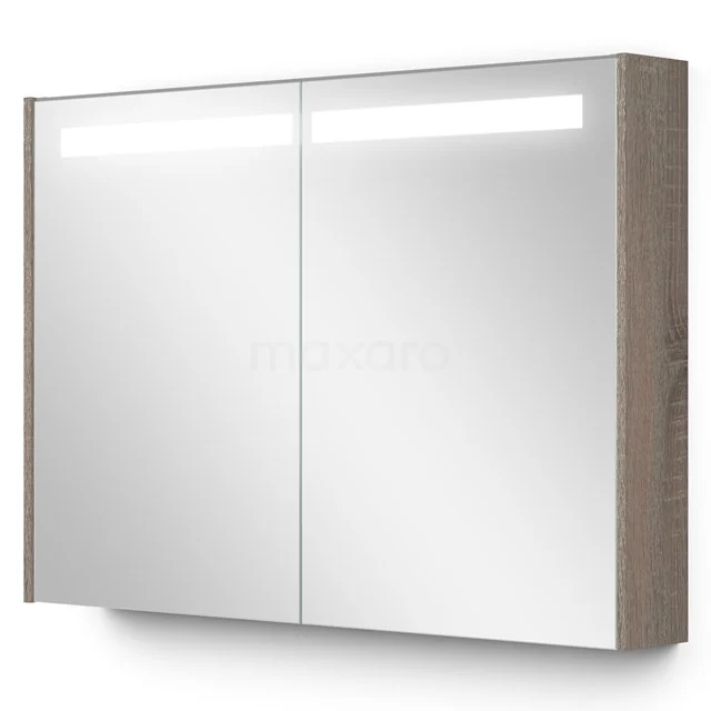 Spiegelschrank mit LED-Beleuchtung, Holzoptik-Seiten, zweitüriges Design. Ideal für stilvollen Badezimmerstauraum.