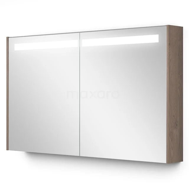 Holz-Badschrank mit Spiegeltüren, integrierter LED-Beleuchtung, modernes Design für funktionale Badezimmerlagerung.