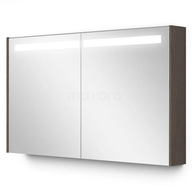 Moderne Spiegelschrank mit LED-Beleuchtung, doppelten Türen und Holzseiten; stilvolles Badmöbel für Stauraum.