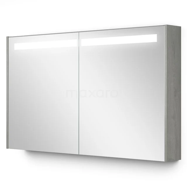 Spiegelschrank mit LED-Beleuchtung, zweigeteilt, stahlgraue Seiten, perfekt für moderne Badezimmerlagerung.