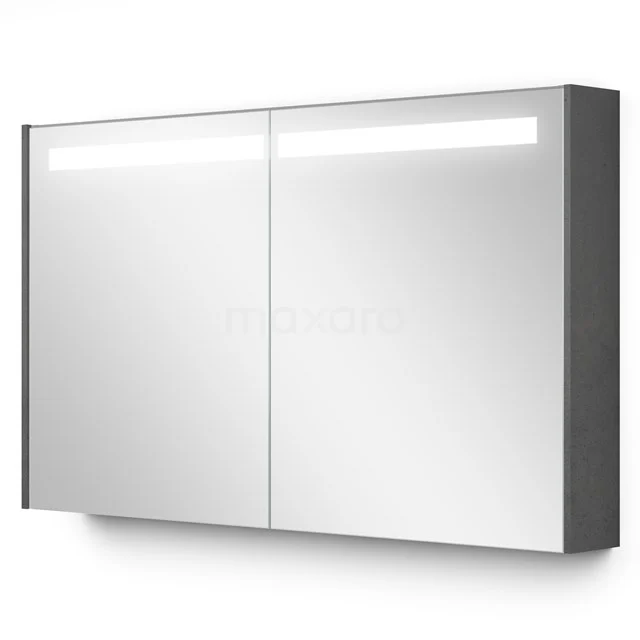 Spiegelschrank mit Beleuchtung Modulo 120x70cm Dunkelgrau Beton K99-1200-59008-51 Verlichte Badezimmer Spiegelschrank, modernes Design, graue Umrandung, doppelte Türen, ideale Aufbewahrungslösung für Bäder.