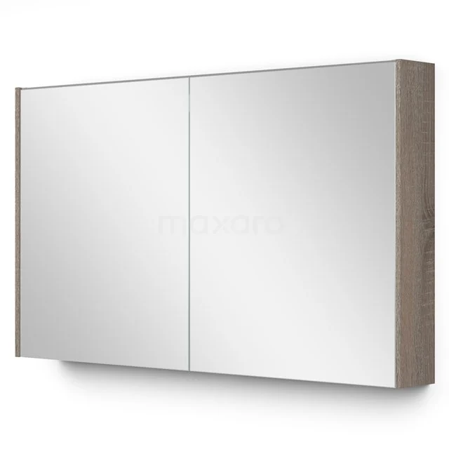 Moderne Badschrank mit Spiegeltüren, Holzoptik-Seiten und minimalistischem Design, ideal für praktischen Stauraum.