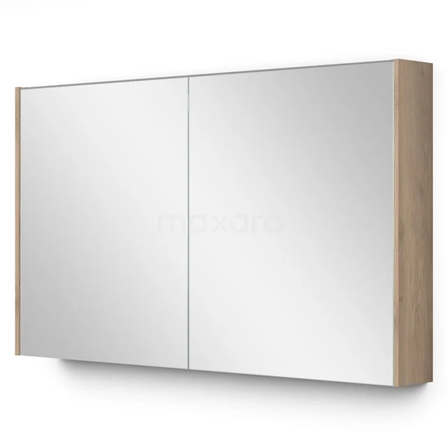 Spiegelschrank mit doppelten Spiegeltüren, Holzoptik-Seitenpaneele, ideal für eine moderne Badezimmer Einrichtung.