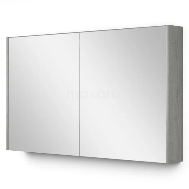 Moderne Spiegelschrank mit zwei Türen, graue Holzseite, ideal für Badezimmerstauraum und stilvolle Einrichtung.