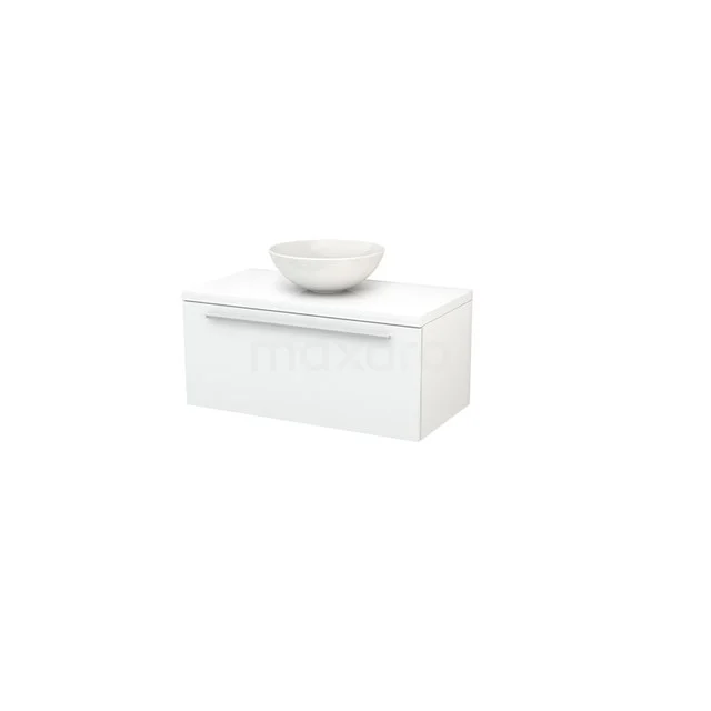 White suspended bathroom unit with minimalist design, single drawers and round basin on top.