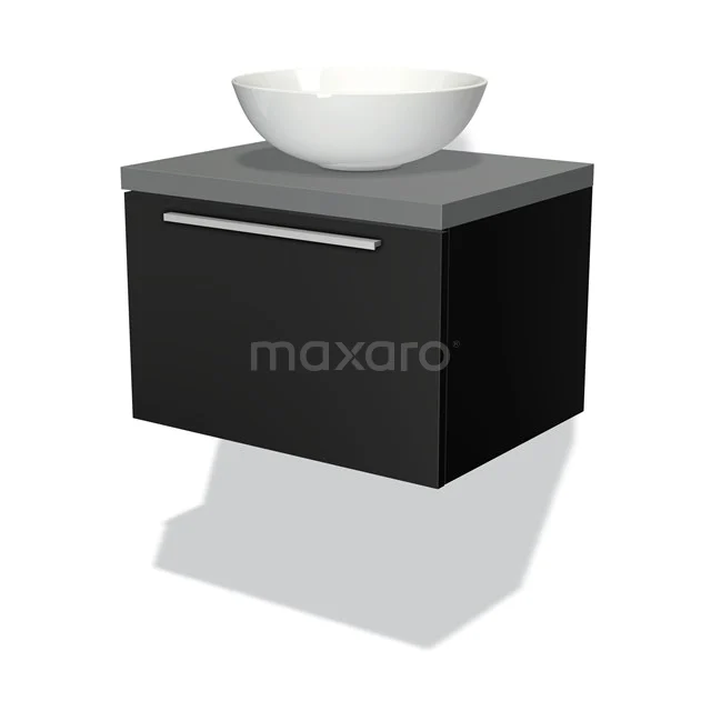 Schwarzes hängendes Badezimmermöbel mit grauer Platte und weißem runden Aufsatzwaschbecken, modernes Design und matte Oberfläche.