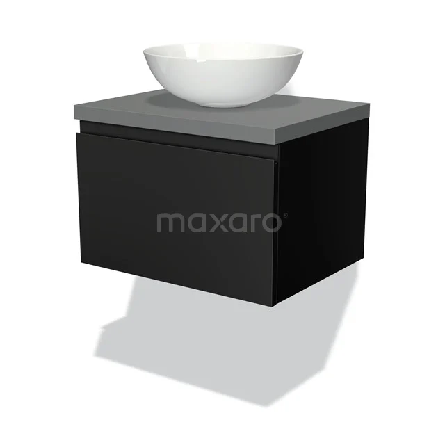 Badmöbel für Aufsatzwaschbecken 60cm Modulo Plato Matt Schwarz 1 Schublade Grifflos Mittelgrau Platte BMK11-00131 Schwarzes Wandmöbel mit grauem Waschbecken und weißem Aufsatzwaschbecken, ideale moderne Ergänzung für ein stilvolles Badezimmer.