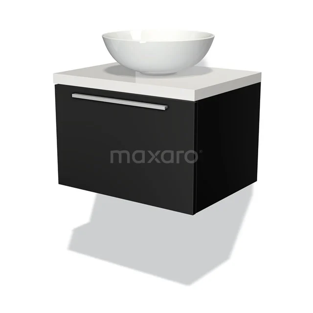 Schwarzer schwebender Badschrank mit weißem keramischen Aufsatzwaschbecken, modernes Design und klare Verarbeitung für luxuriöse Badezimmergestaltung.