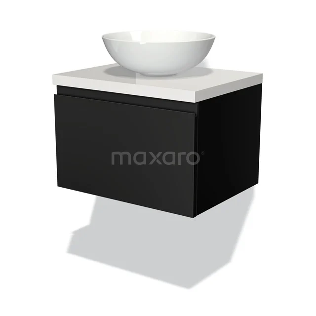 Schwarzes schwebendes Waschtisch mit weißem Aufsatzwaschbecken, modernes Design, ideal für eine stilvolle Badezimmergestaltung.