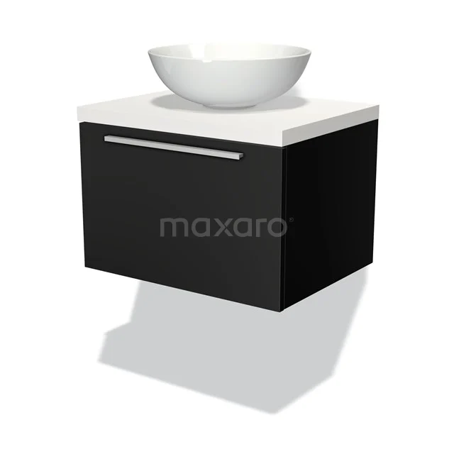 Schwarzes hängendes Badmöbel mit weißem Aufsatzwaschbecken, schmalem Schublade und modernem Design, ideal für stilvolle Badezimmergestaltung.