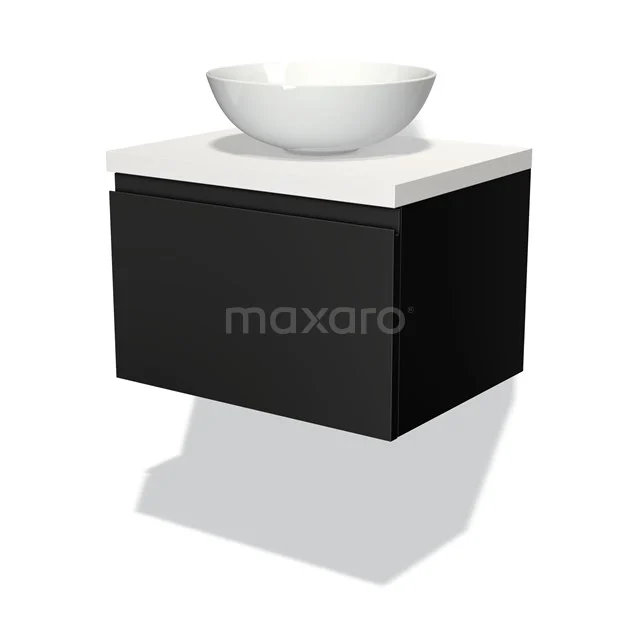 Schwarzes hängendes Badezimmermöbel mit weißem keramischen Aufsatzwaschbecken, modernem Designstil.