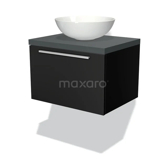 Schwarzer schwebender Badschrank mit grauer Platte und rundem weißen Aufsatzwaschbecken; modernes Design, perfekt für moderne Bäder.