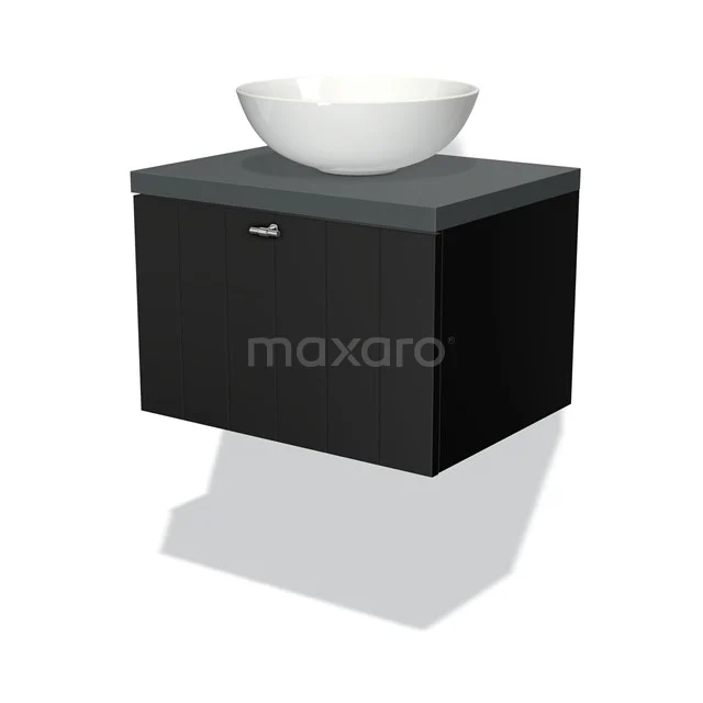 Black bathroom unit with a modern suspended shape, grey top and white ceramic countertop wash basin, ideal for stylish bathrooms.