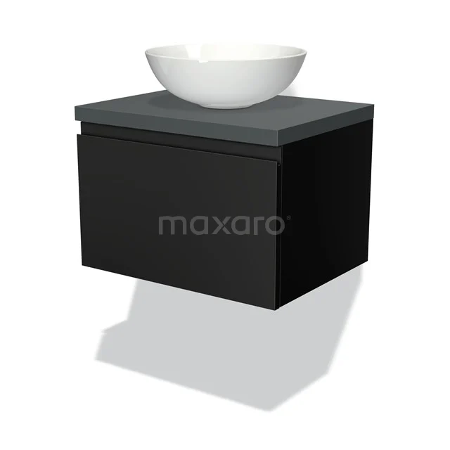 Zwarte badkamermeubel met grijze bovenplaat en stijlvolle ronde witte waskom, perfect voor een moderne badkamerstijl.