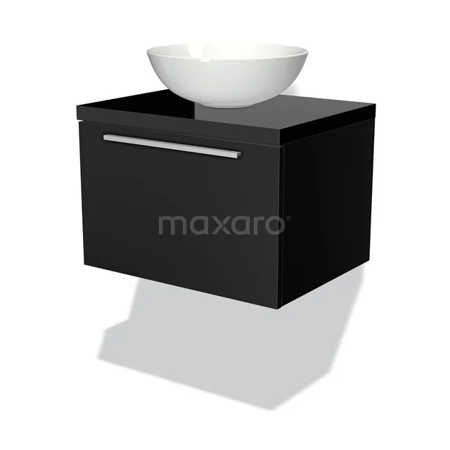 Modulo Plato Badmöbel mit Aufsatzwaschbecken | 60 cm Matt Schwarz Flach front Hochglanz Schwarz blatt 1 Schublade BMK11-00141 Schwarzes Badezimmermöbel mit weißem rundem Aufsatzwaschbecken, Wandmontage, modernes Design und Chrom Haltegriff.