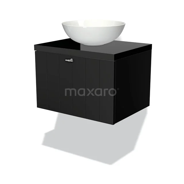 Modulo Plato Badmöbel mit Aufsatzwaschbecken | 60 cm Matt Schwarz Lamelle front Hochglanz Schwarz blatt 1 Schublade BMK11-00142 Schwarze Badmöbelset mit Hochglanzoberfläche und einem weißen keramischen Aufsatzwaschbecken, ideal für moderne Badezimmergestaltung.